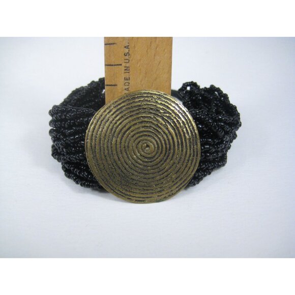 Black Beaded Bracelet Round Brass Spiral Button Closure Boho Hippie Glass - Picture 3 of 9